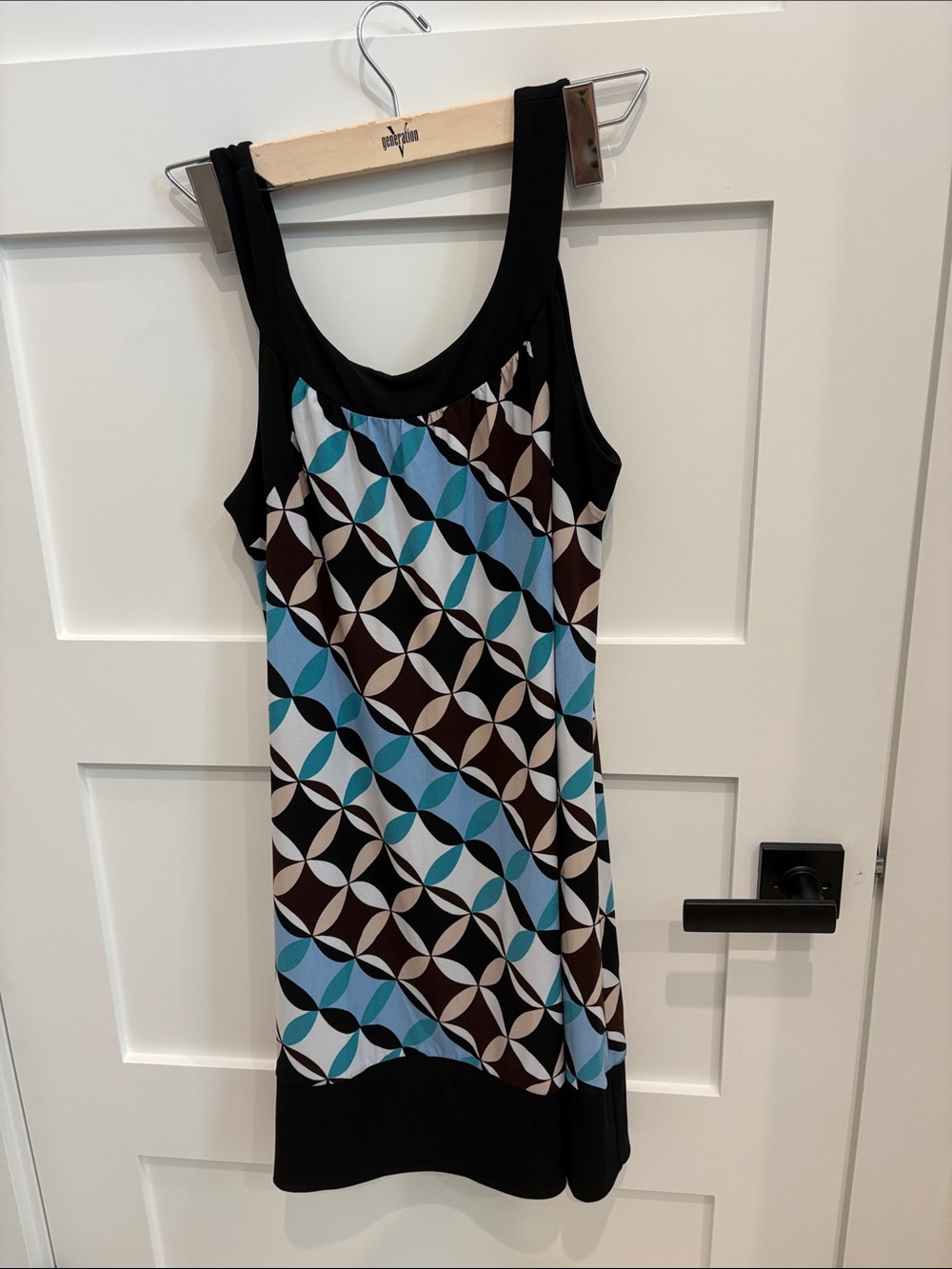 AUW Black Tank Dress with Blue, Aqua, White & Brown Geometric Print